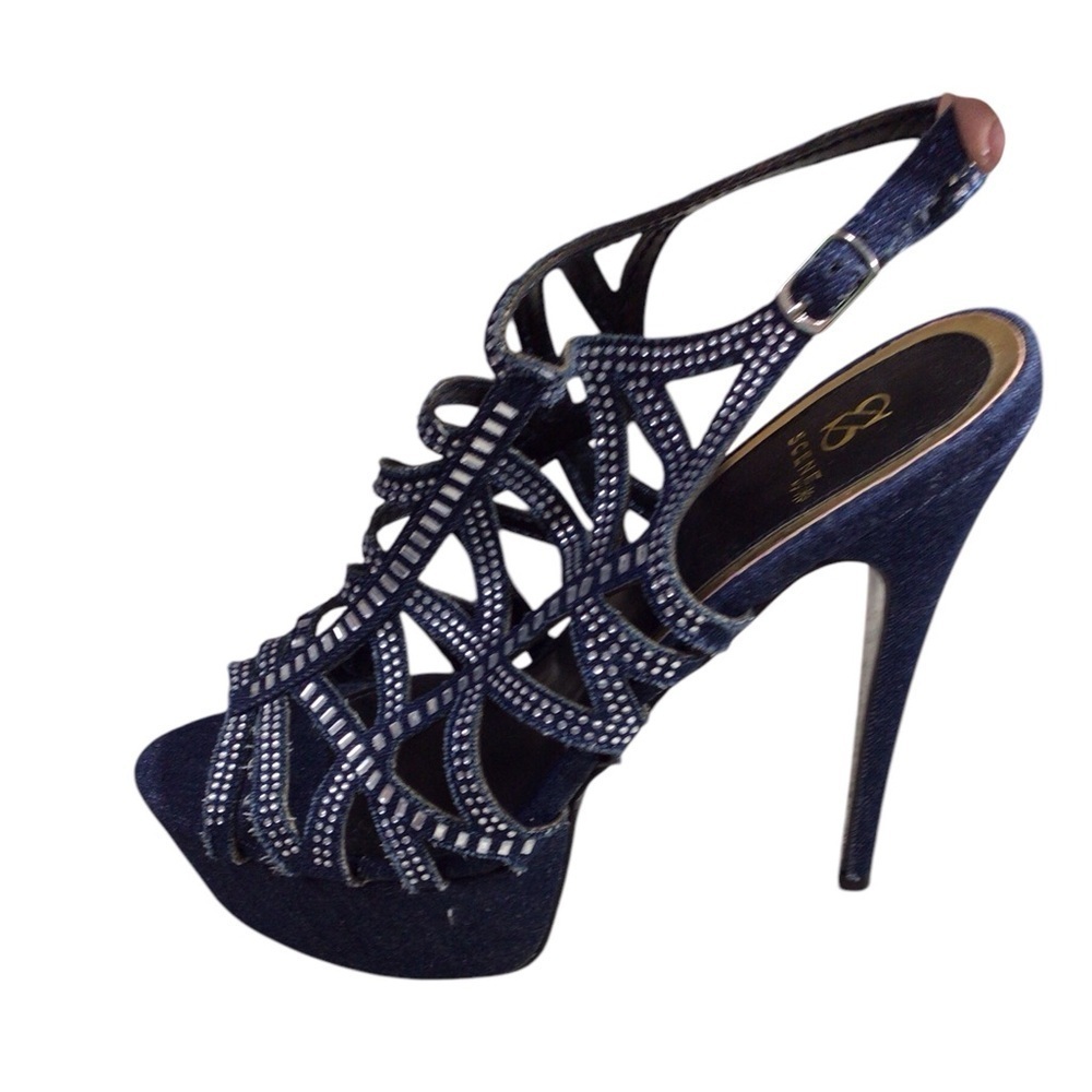 Scene Denim Rhinstones Stilettos EUC size  8.5